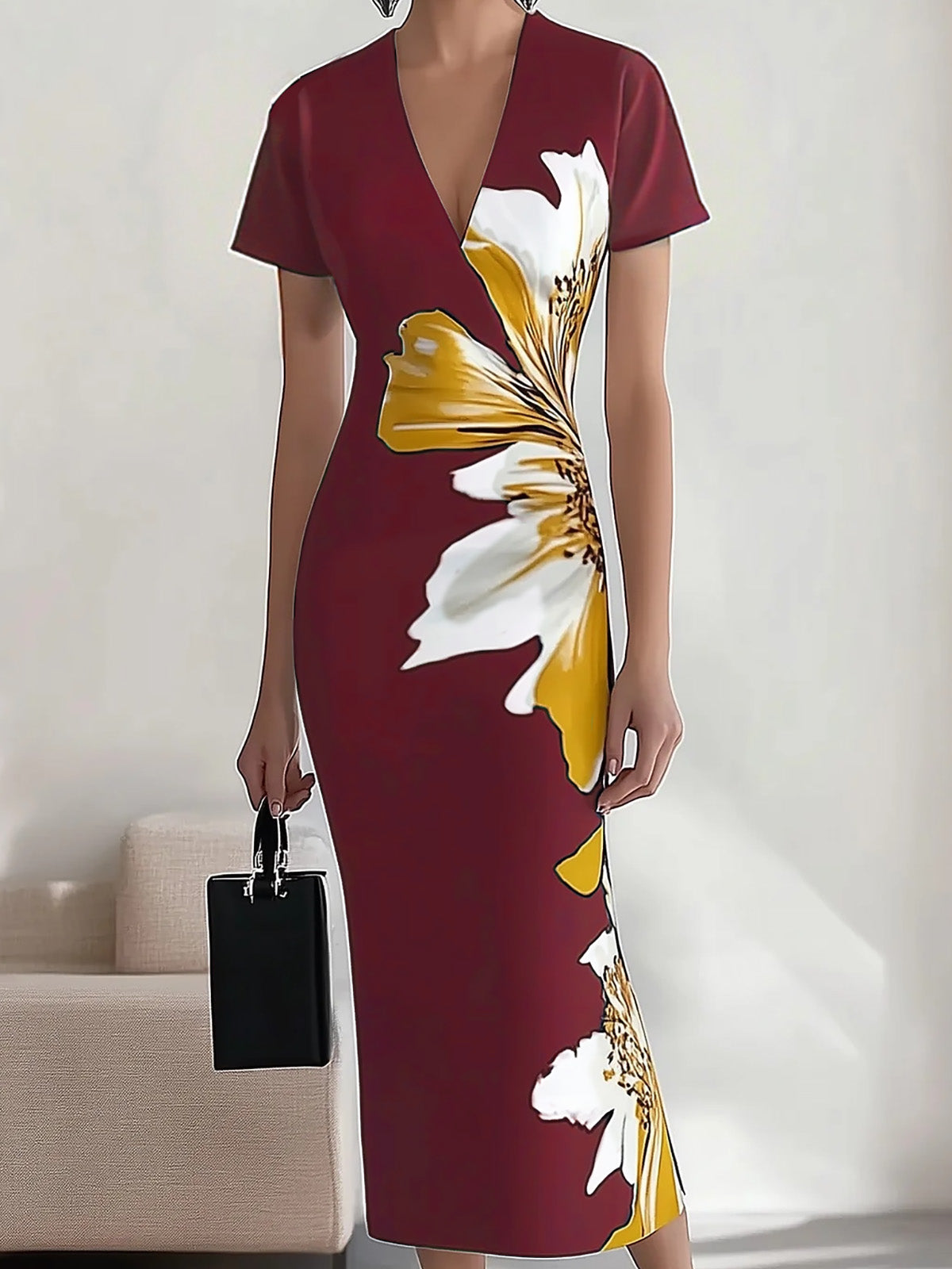 Chic Black Satin Dress with Unique Side Floral Pattern - Image 5
