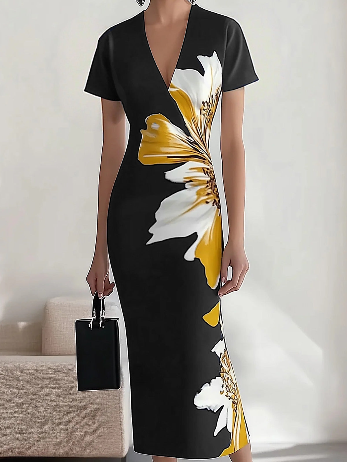 Chic Black Satin Dress with Unique Side Floral Pattern - Image 2