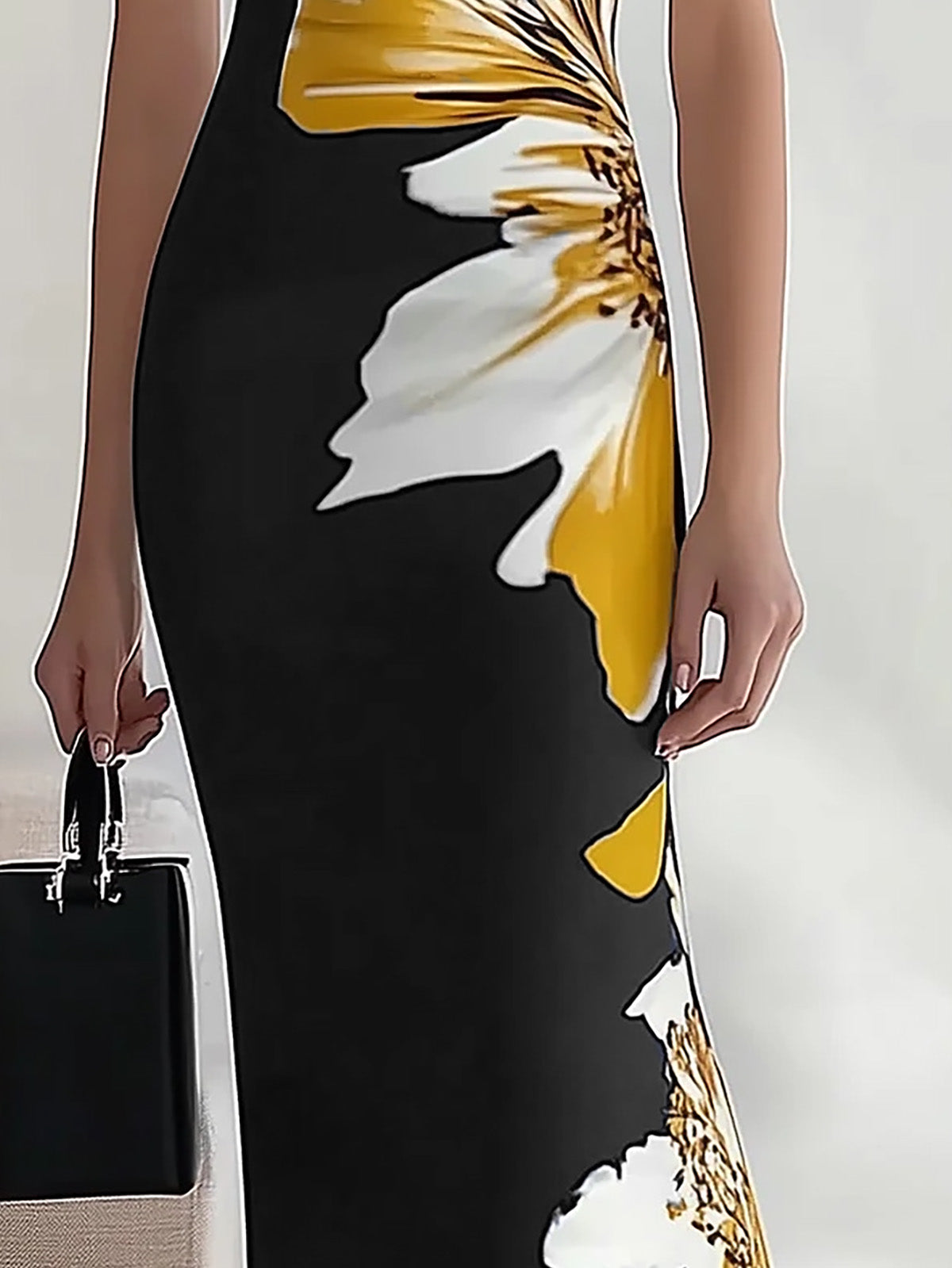 Chic Black Satin Dress with Unique Side Floral Pattern - Image 3