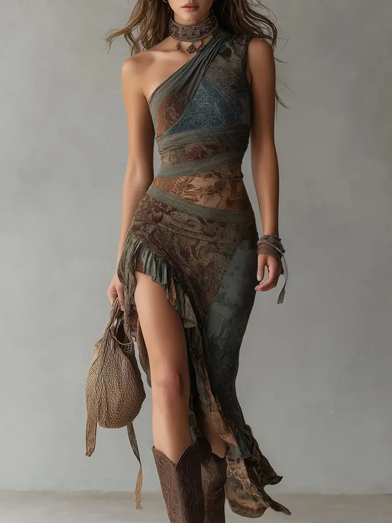 Retro Ethnic Style Printed One-shoulder High Slit Maxi Dress