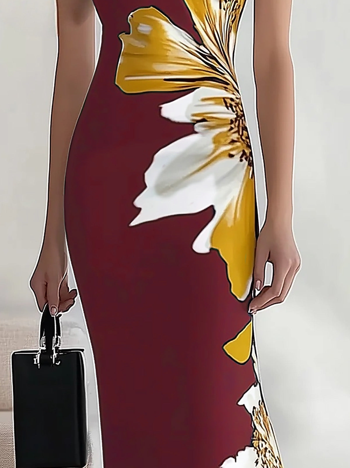 Chic Black Satin Dress with Unique Side Floral Pattern - Image 6