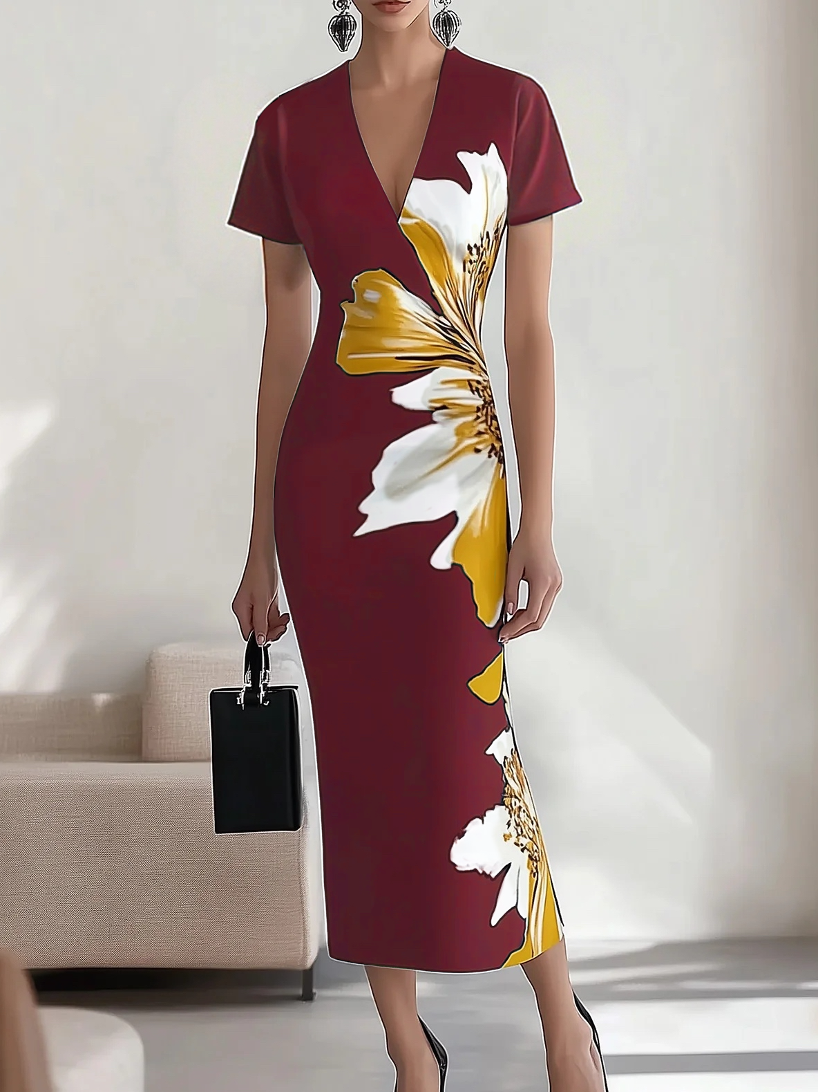 Chic Black Satin Dress with Unique Side Floral Pattern - Image 4