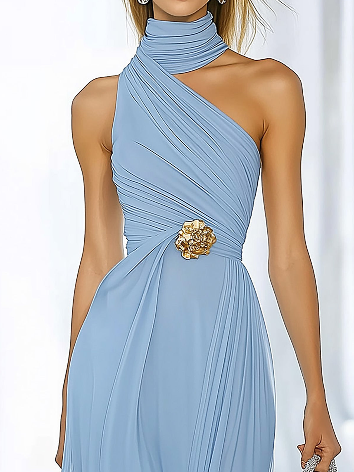 Stylish Light Blue Dress with Unique Neck Design and Gold Waist Detail - Image 3